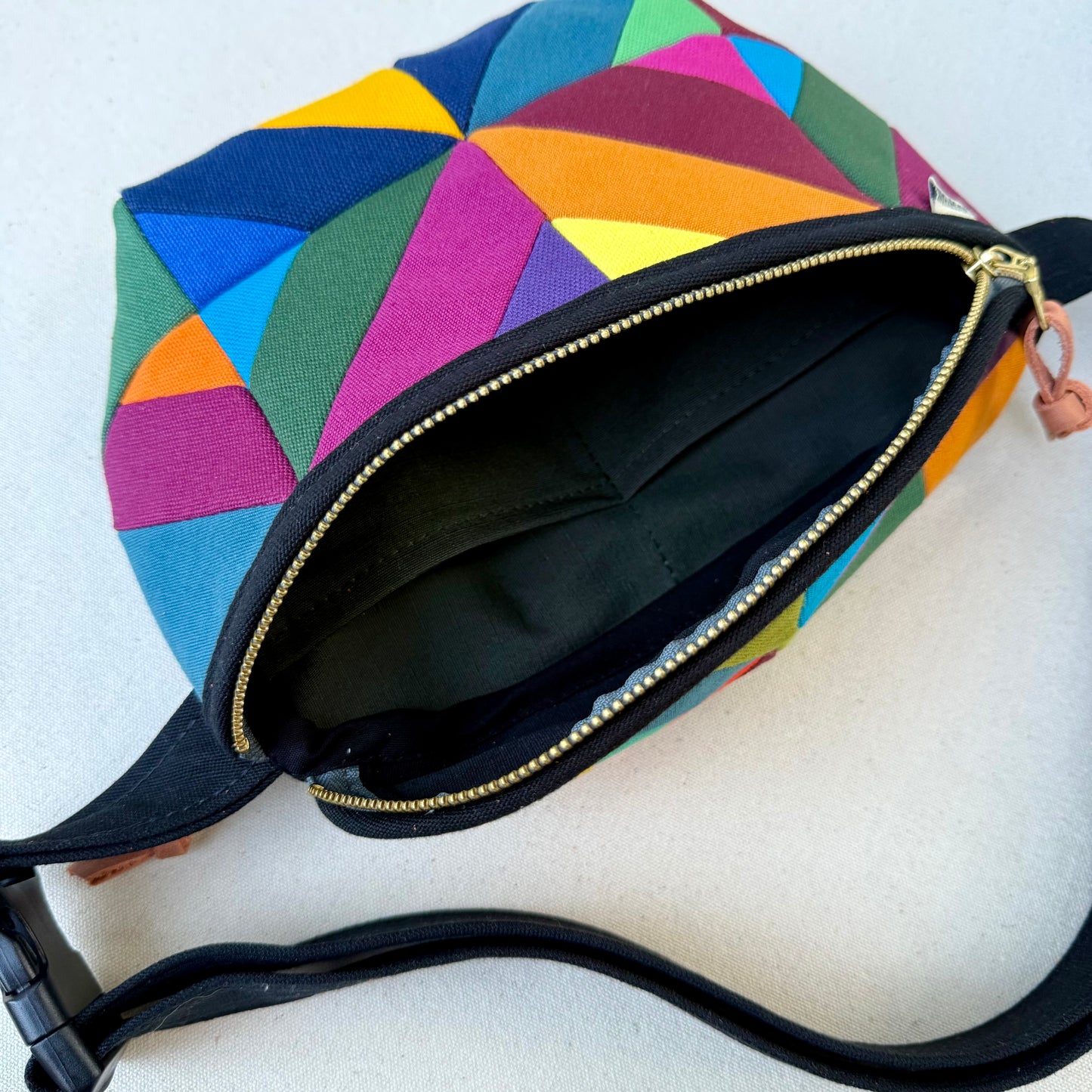 kaleidoscope fanny bag, rainbow-y jewel tones (black)