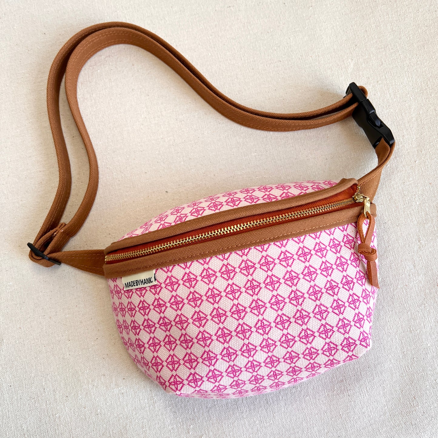 petite fanny bag in hot pink print with caramel trim