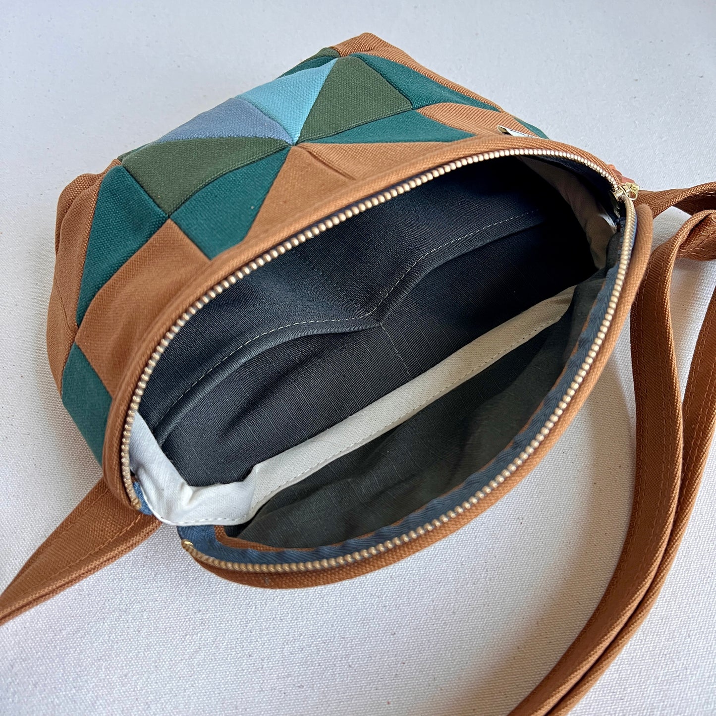 quilt star fanny bag, caramel with spruce/forest/seaglass