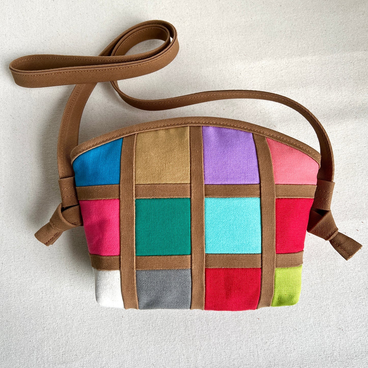 double-sided grid bag, red with lime/lavender/gray/hot pink/jade etc