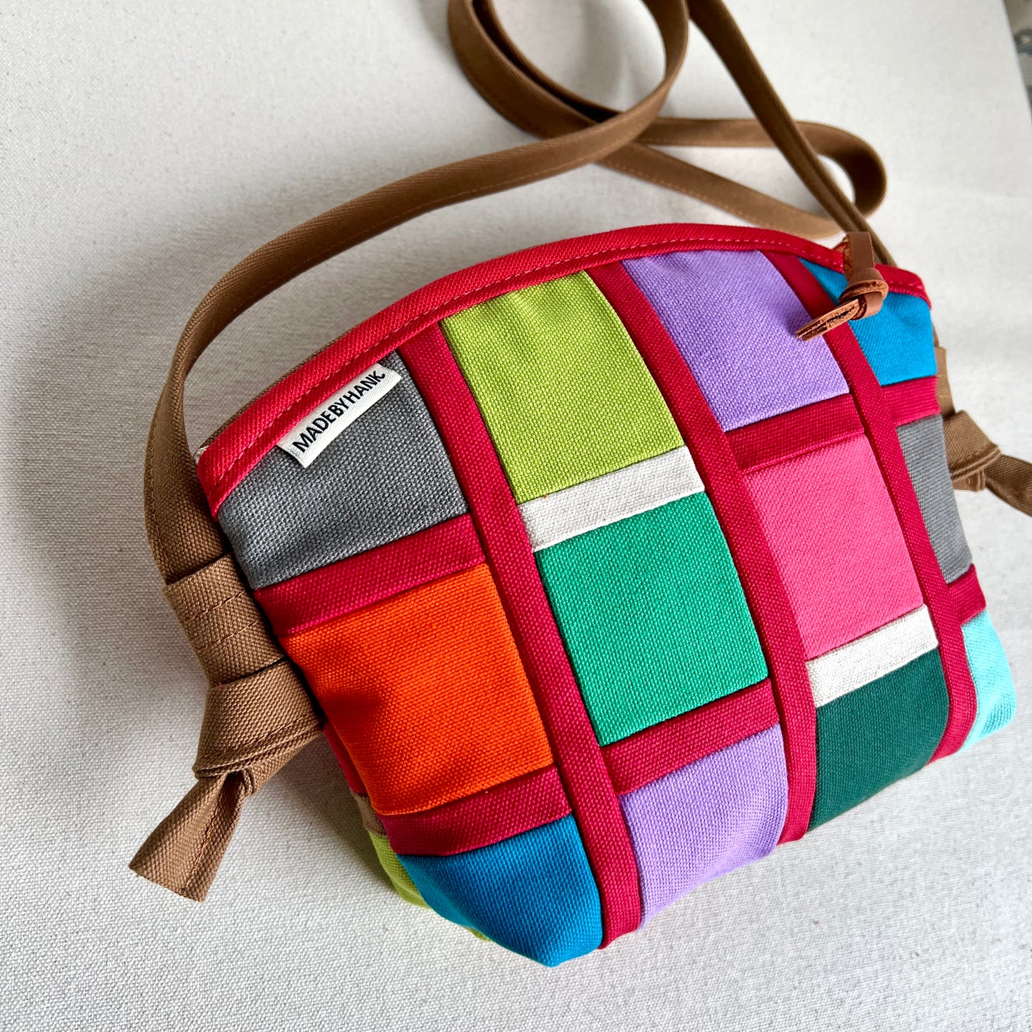 double-sided grid bag, red with lime/lavender/gray/hot pink/jade etc