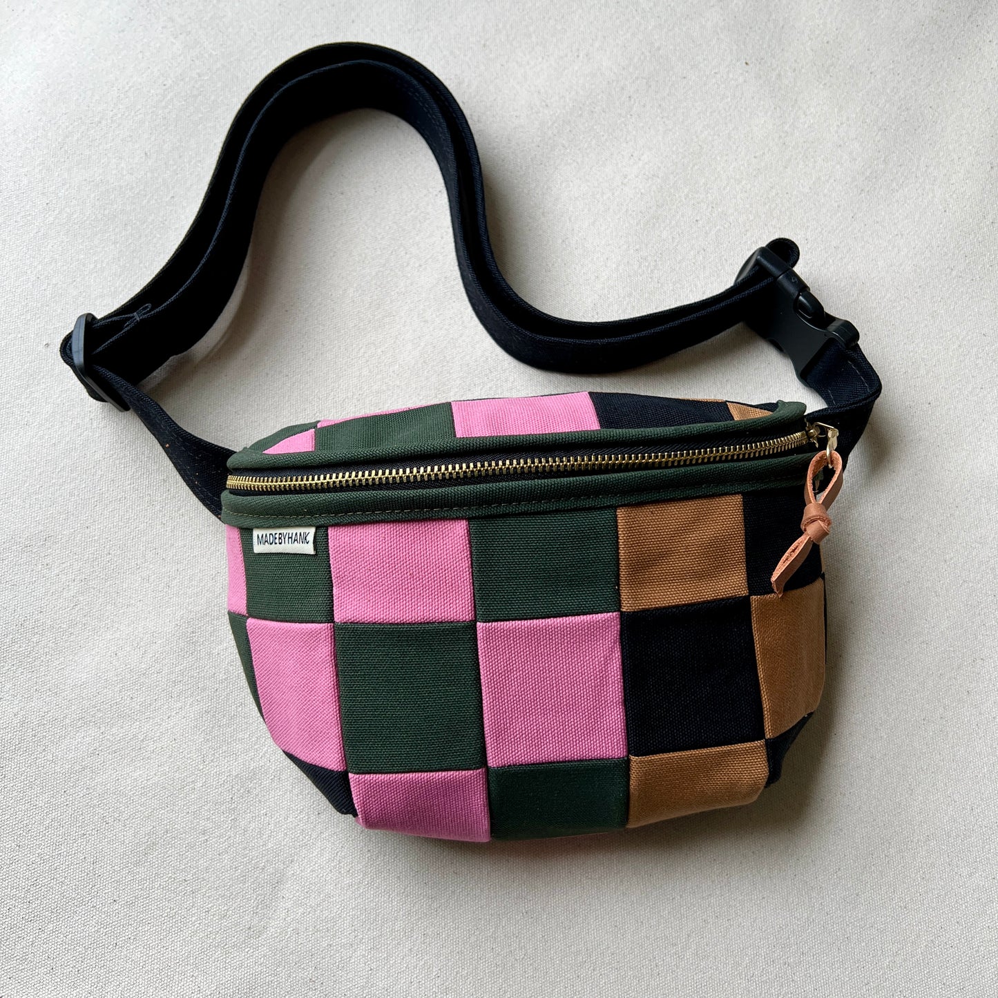 checkerboard fanny bag, bubblegum/forest/black/caramel