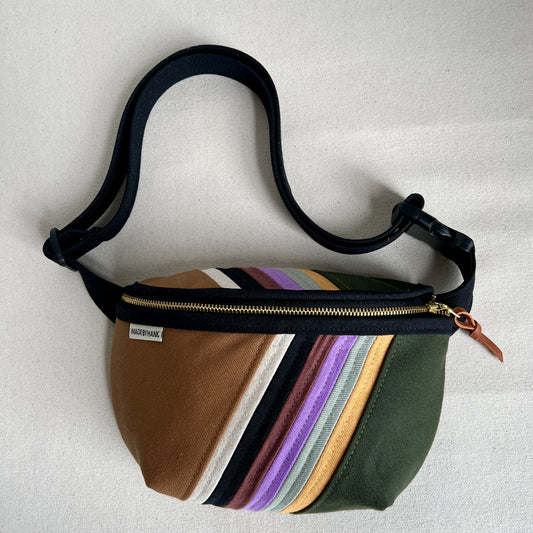 retro stripes fanny bag, forest/caramel/lavender/sea glass/mustard