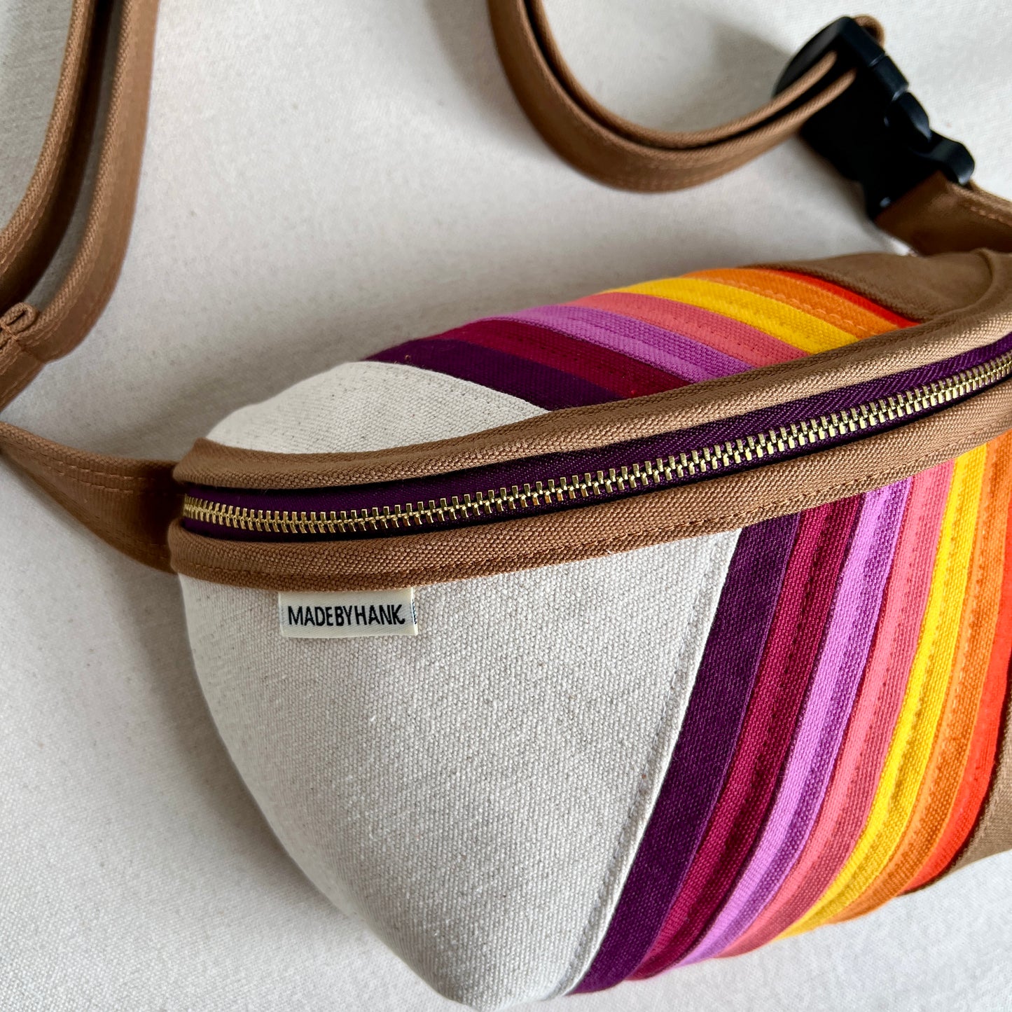retro stripes fanny bag, oranges/purples/yellow/caramel