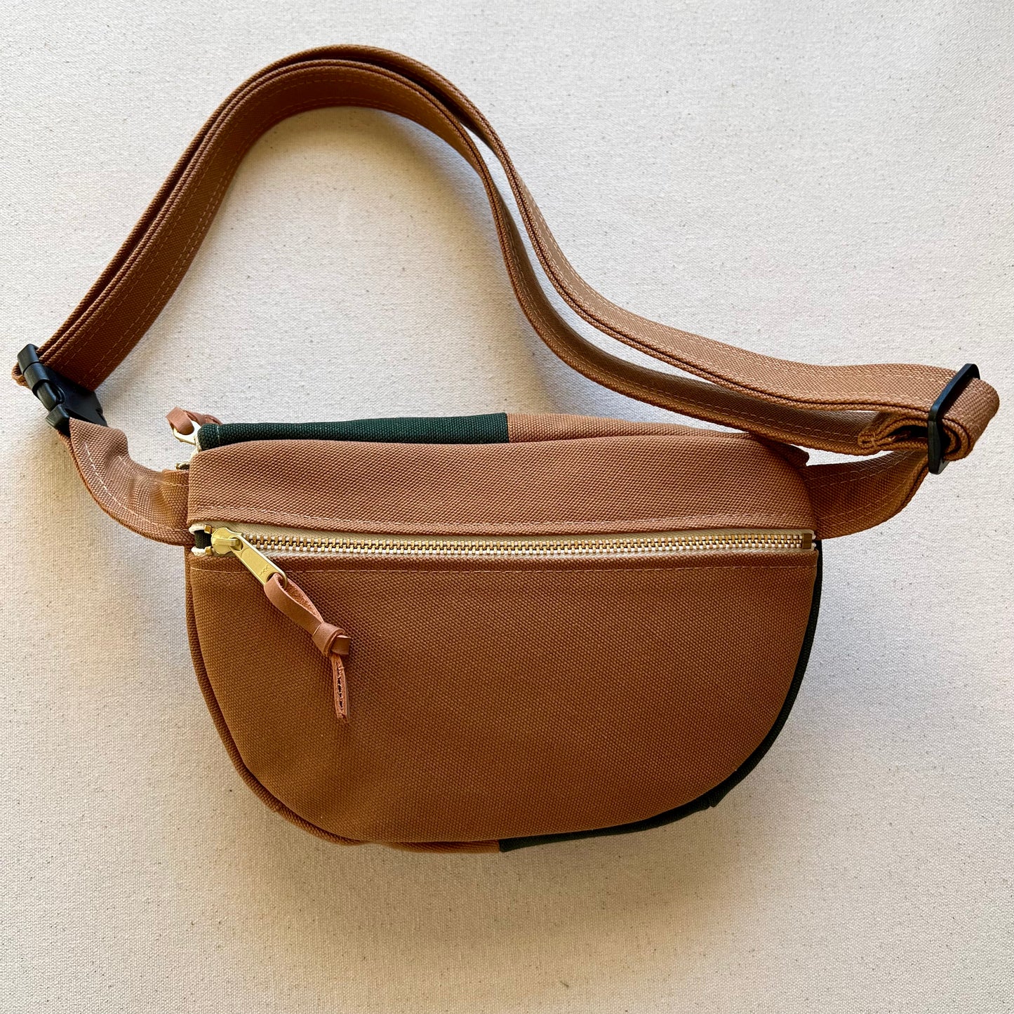 color block fanny bag, forest + caramel with tangerine